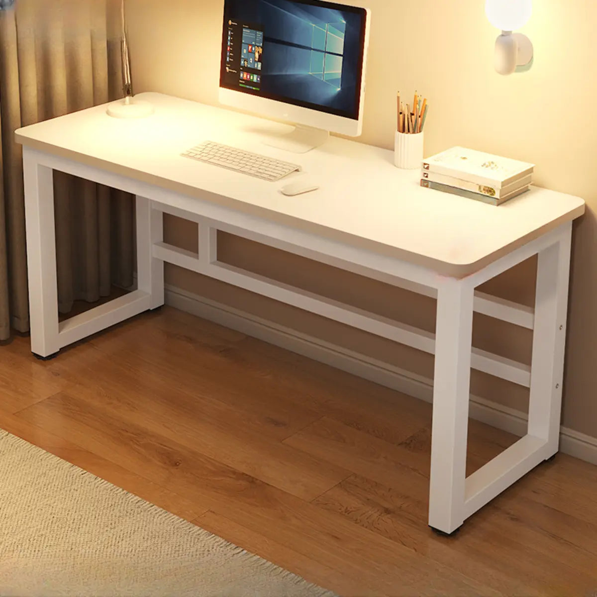 White Artificial Wood Sled Writing Desk with Shelf — Without Chairs