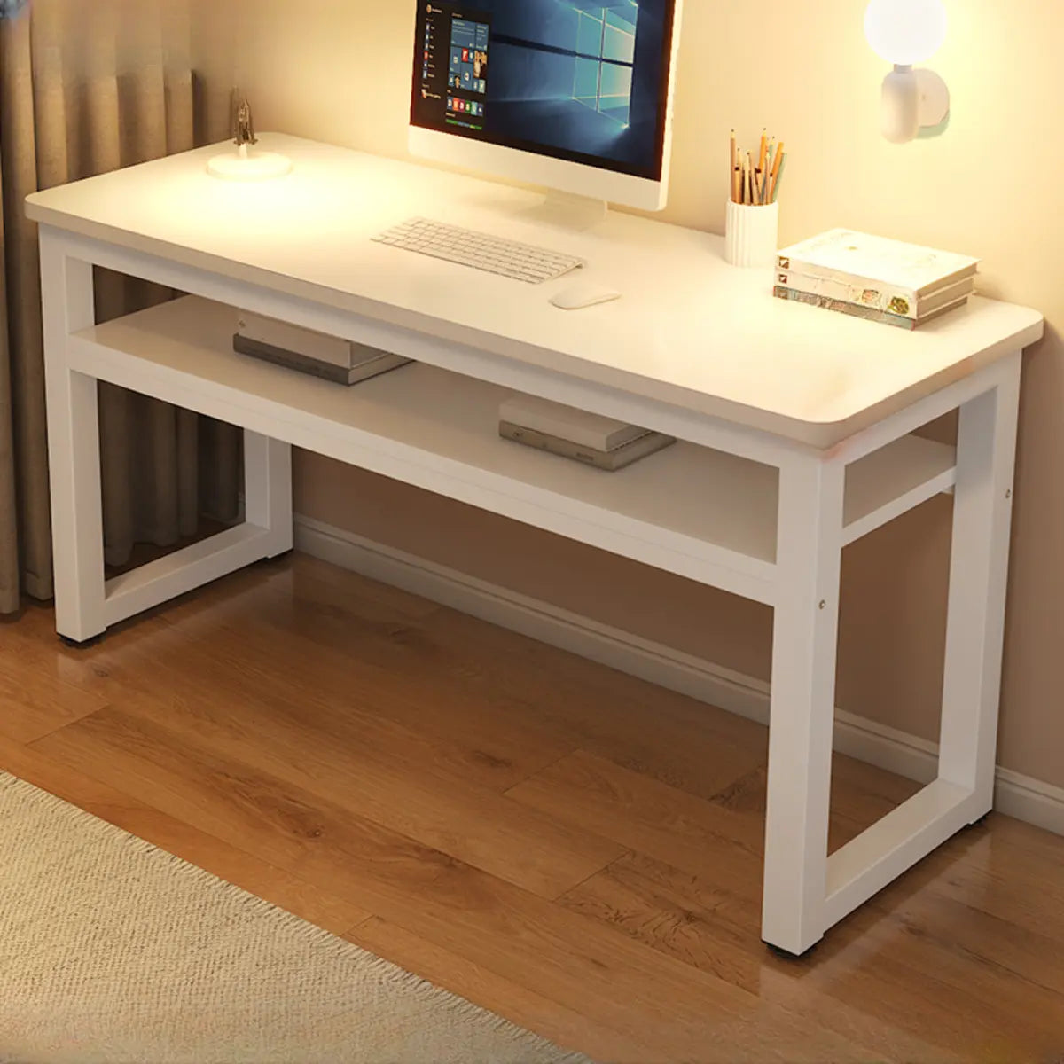 White Artificial Wood Sled Writing Desk with Shelf — Without Chairs