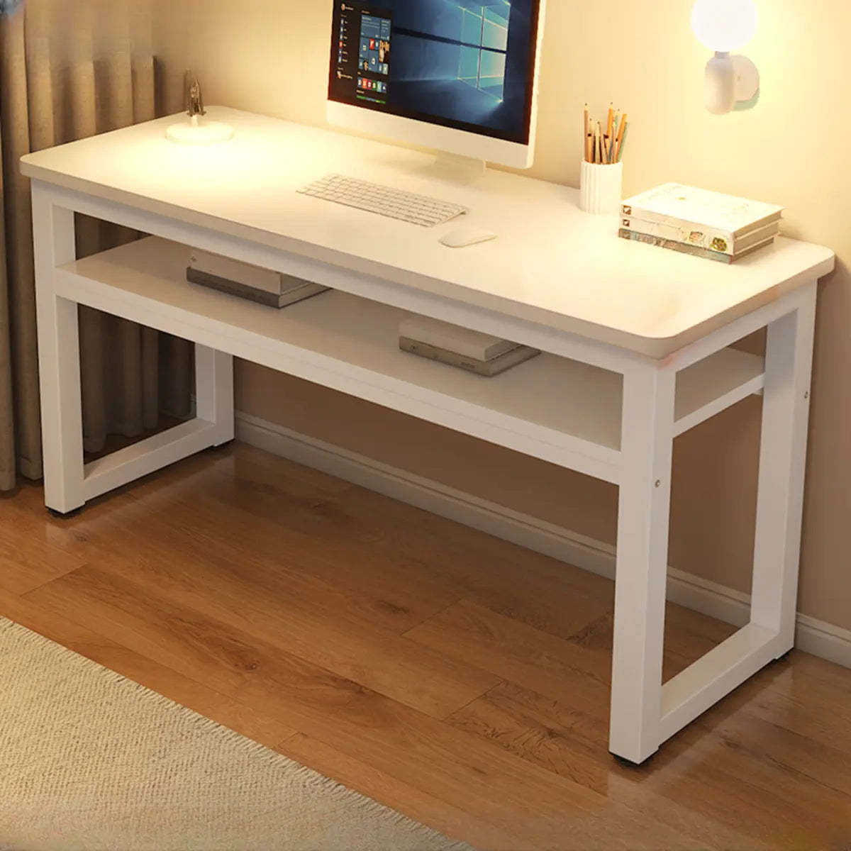 White Artificial Wood Sled Writing Desk with Shelf — Without Chairs