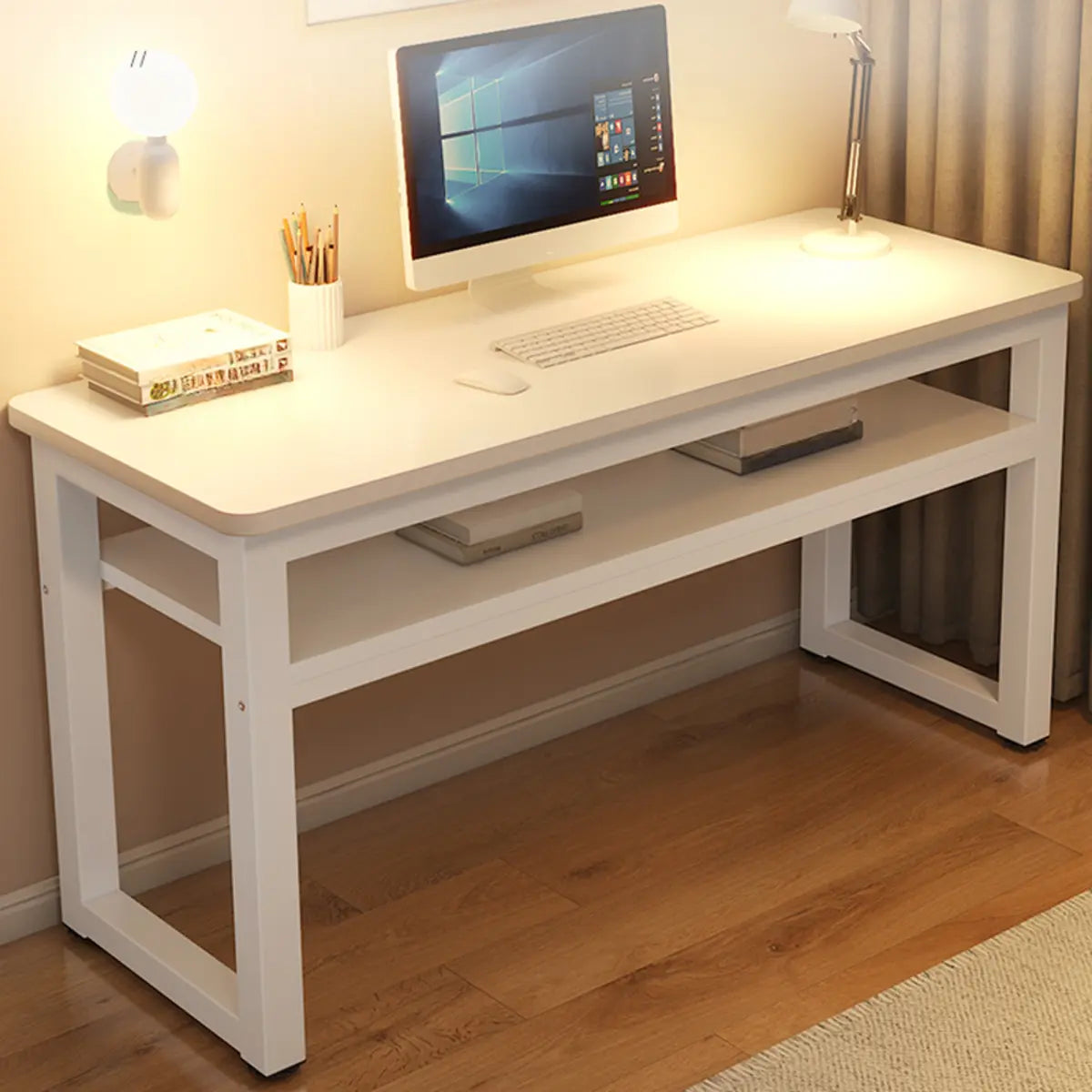 White Artificial Wood Sled Writing Desk with Shelf — Without Chairs