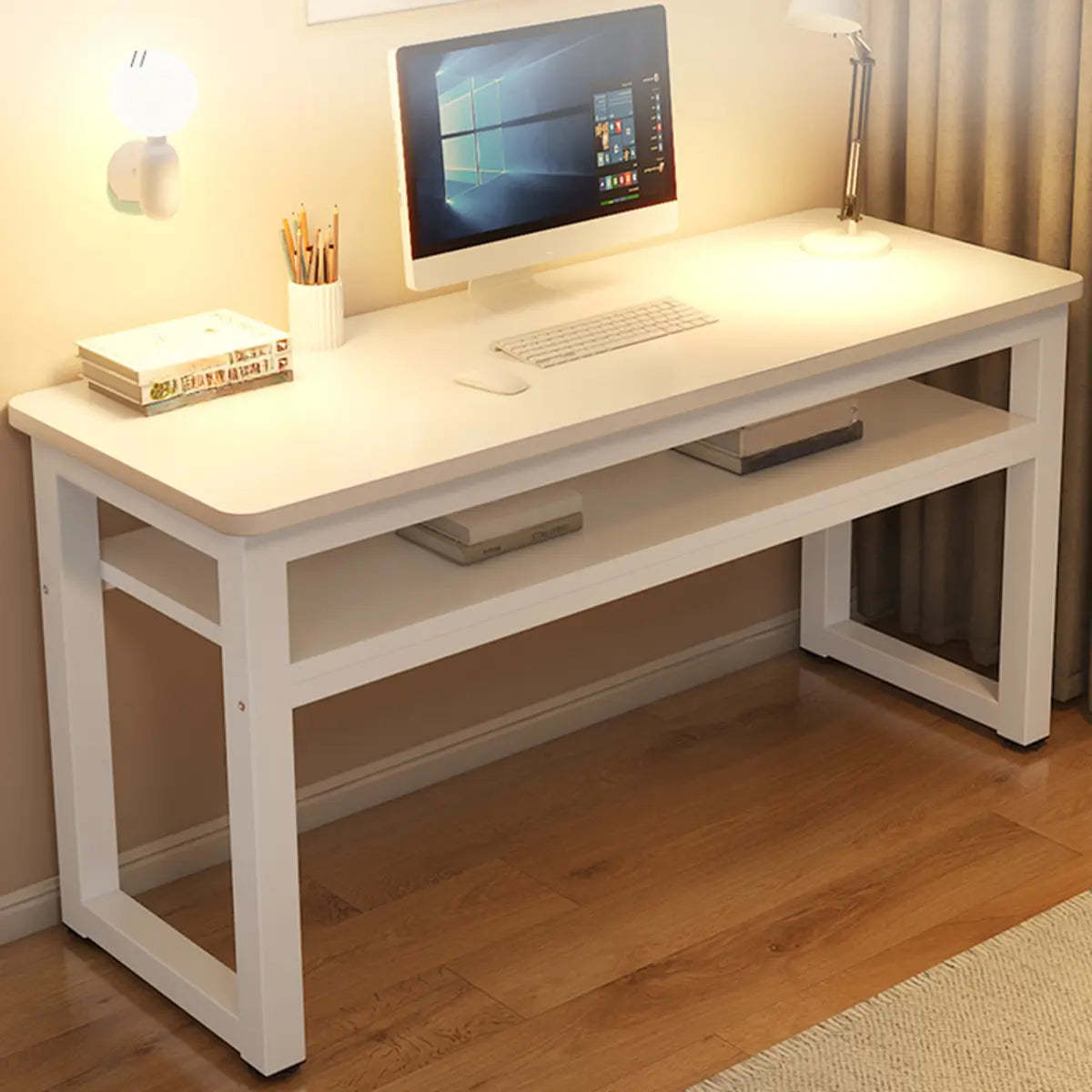 White Artificial Wood Sled Writing Desk with Shelf — Without Chairs