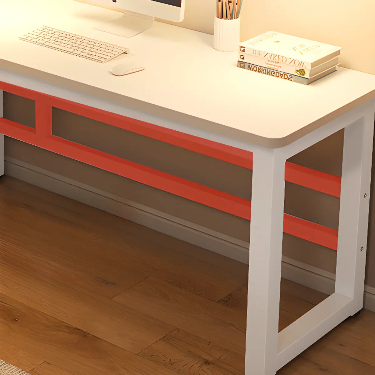 White Artificial Wood Sled Writing Desk with Shelf — Without Chairs