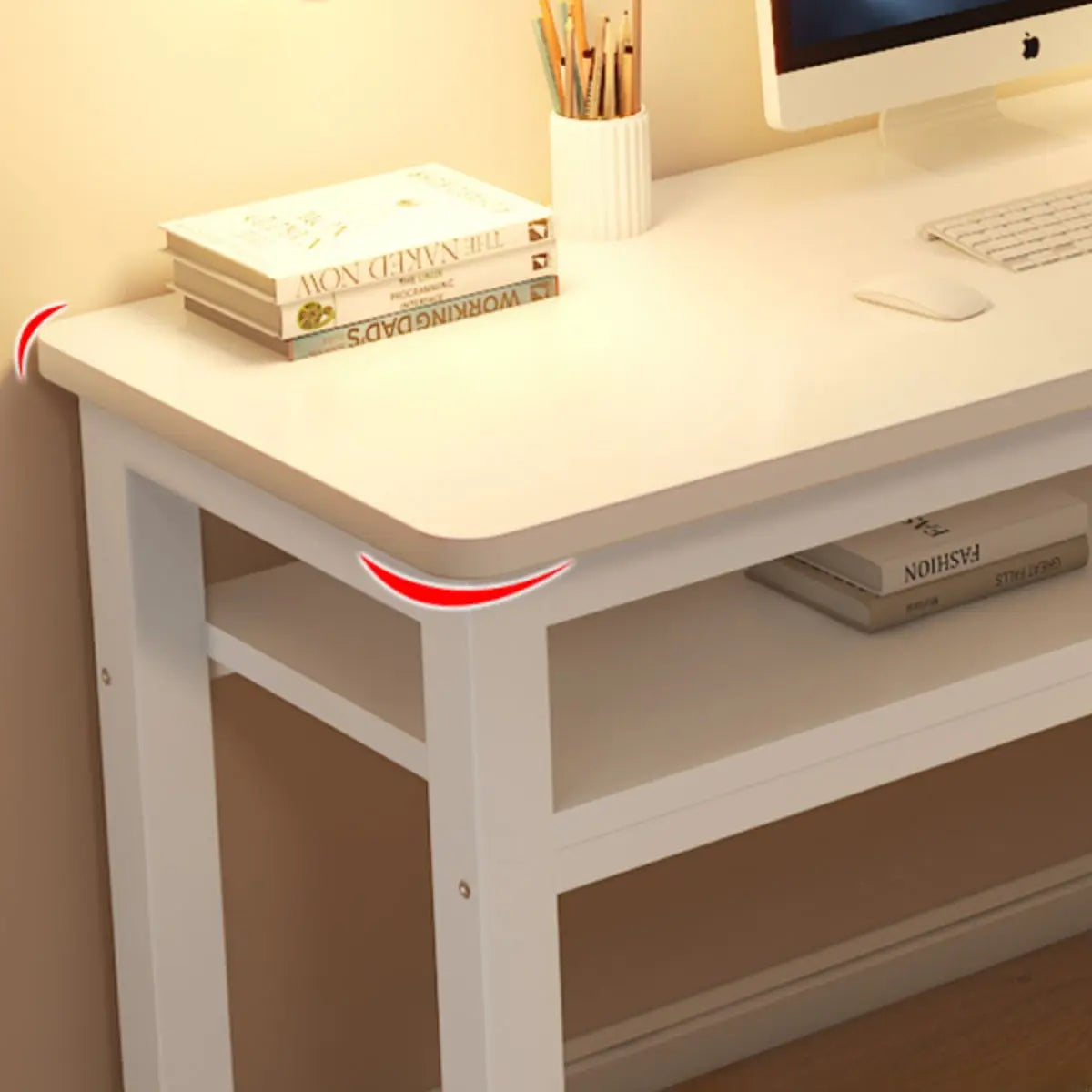 White Artificial Wood Sled Writing Desk with Shelf — Without Chairs