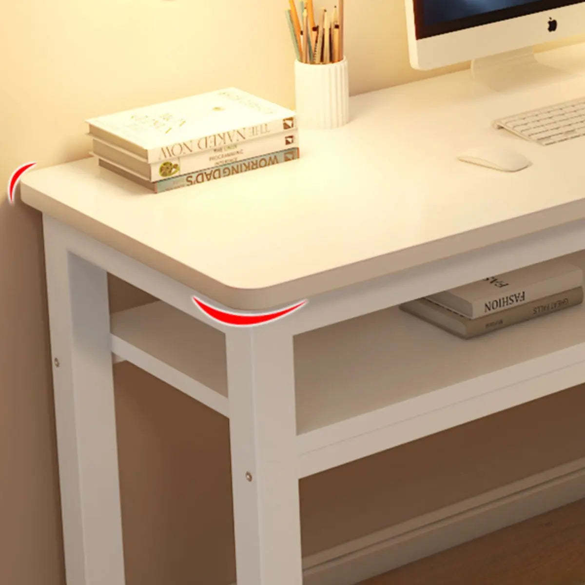 White Artificial Wood Sled Writing Desk with Shelf — Without Chairs