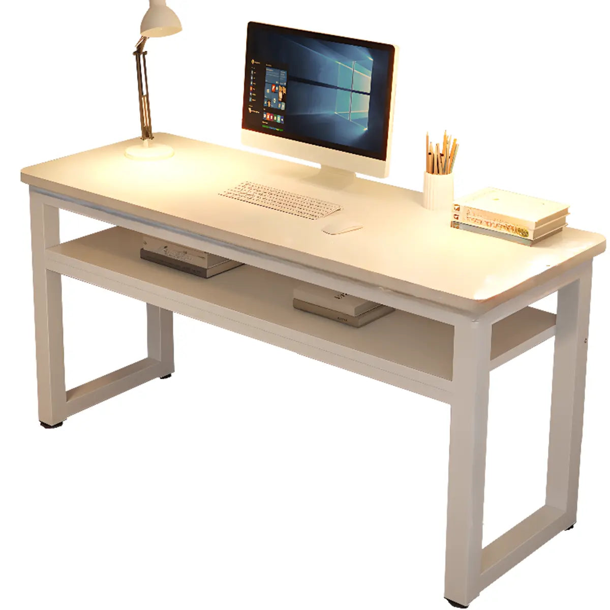 White Artificial Wood Sled Writing Desk with Shelf — Without Chairs