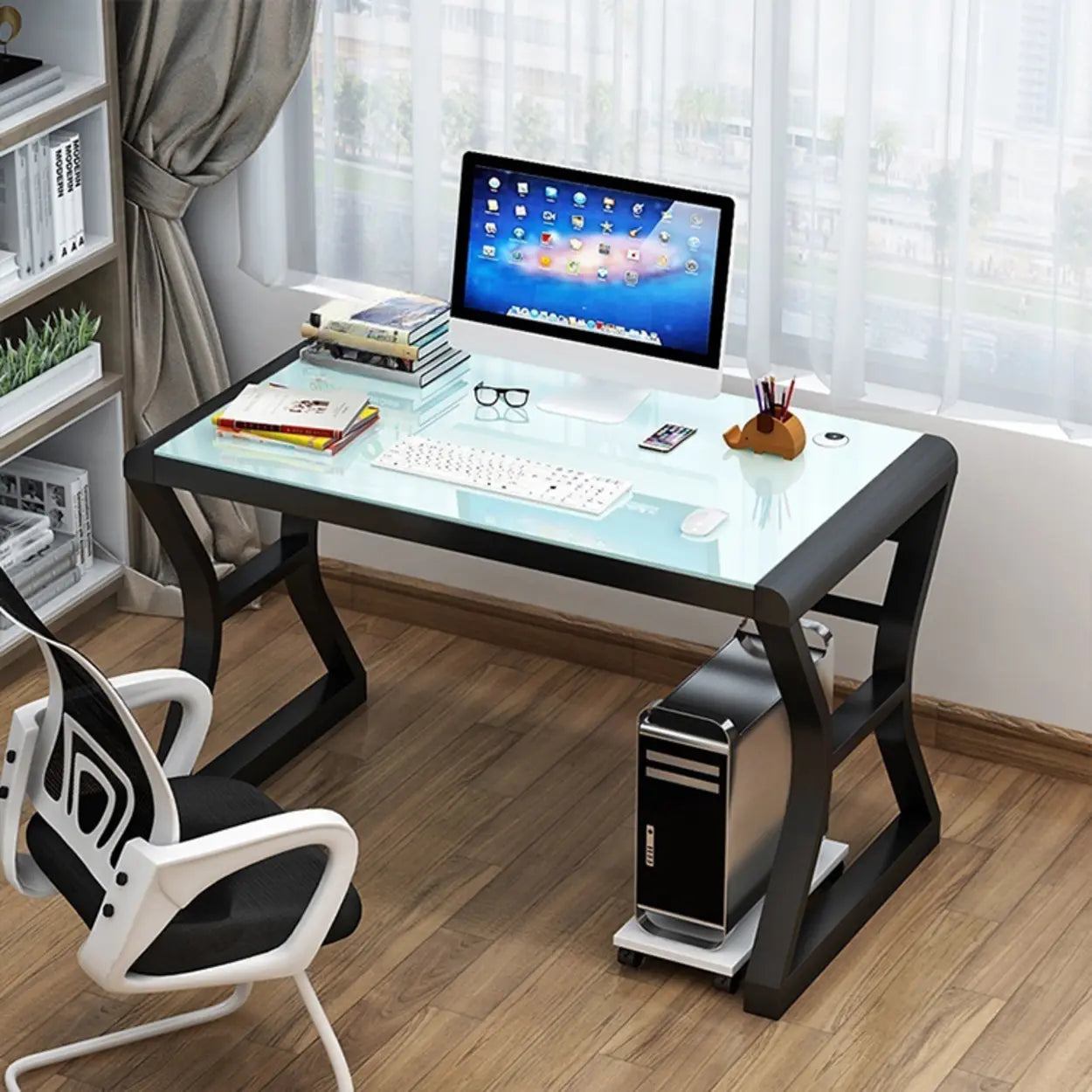 White-Black Glass-Top Sledge Computer Desk — White-Black / Without Chairs