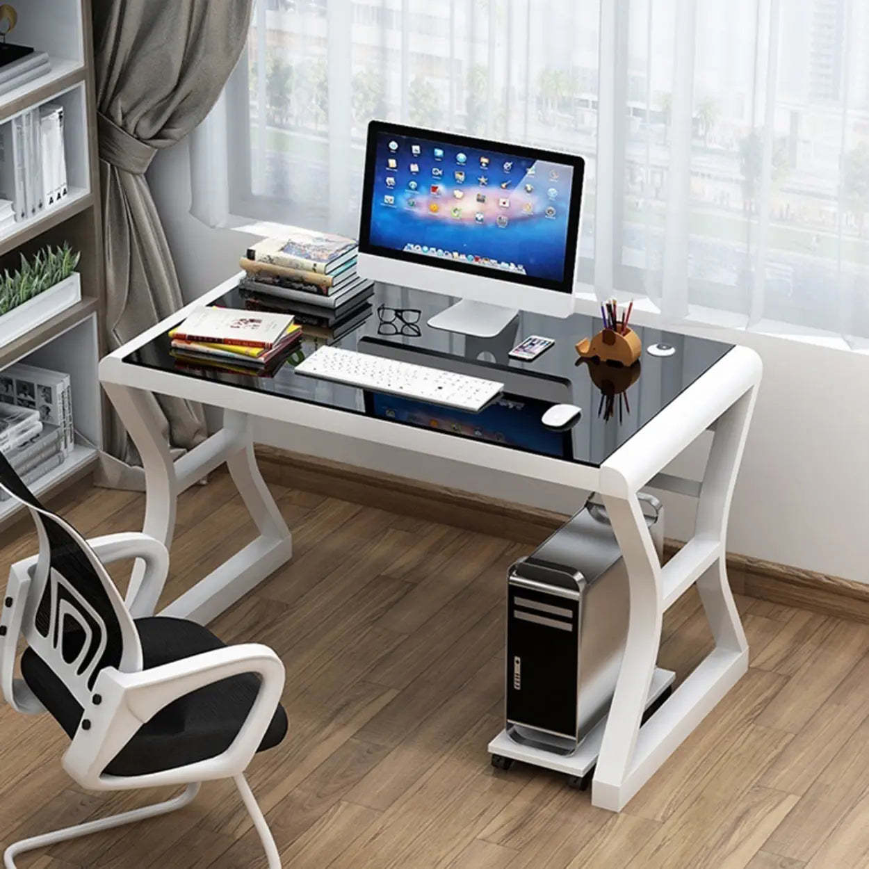 White-Black Glass-Top Sledge Computer Desk — White-Black / Without Chairs