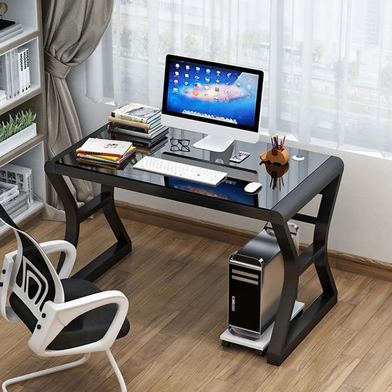 White-Black Glass-Top Sledge Computer Desk — White-Black / Without Chairs