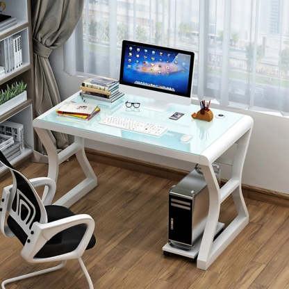 White-Black Glass-Top Sledge Computer Desk — White-Black / Without Chairs