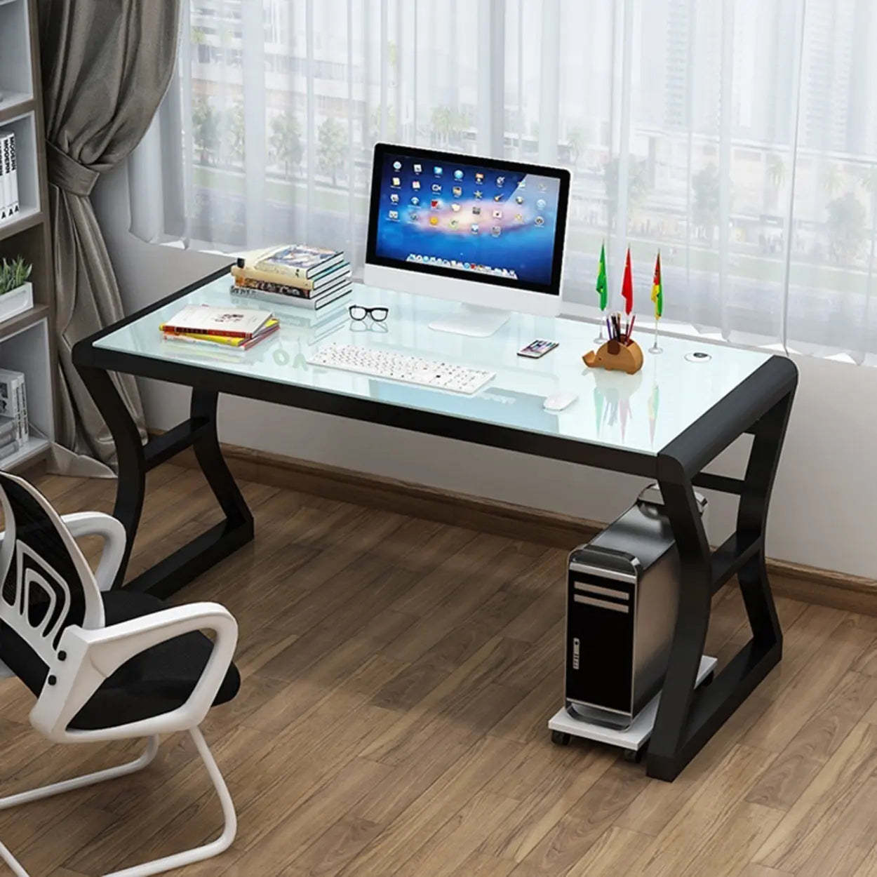 Lighom modern glass-top sledge white desks — 55.1" L x 23.6" W / Black