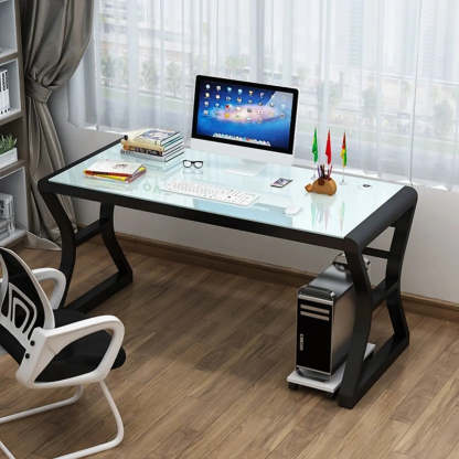 White-Black Glass-Top Sledge Computer Desk — White-White / Without Chairs