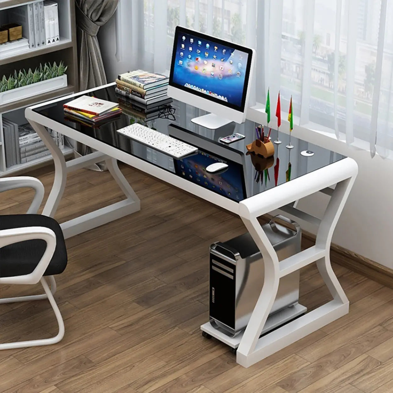 White-Black Glass-Top Sledge Computer Desk — White-White / Without Chairs