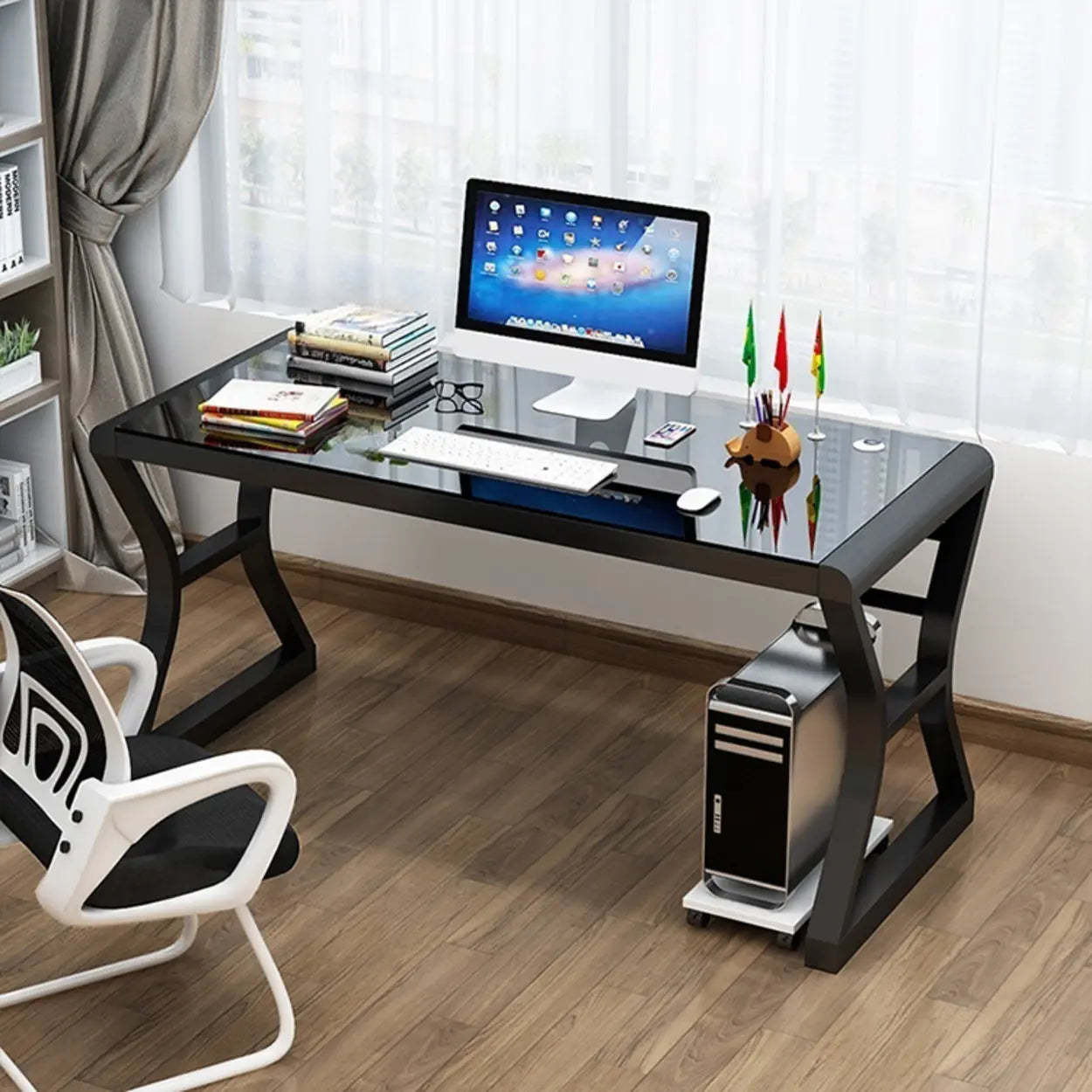 White-Black Glass-Top Sledge Computer Desk — White-White / Without Chairs