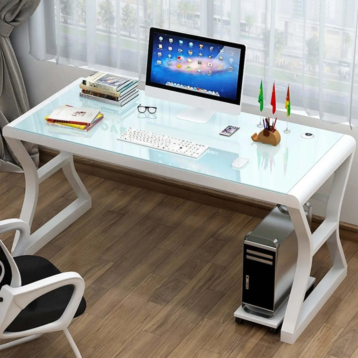 White-Black Glass-Top Sledge Computer Desk — White-White / Without Chairs