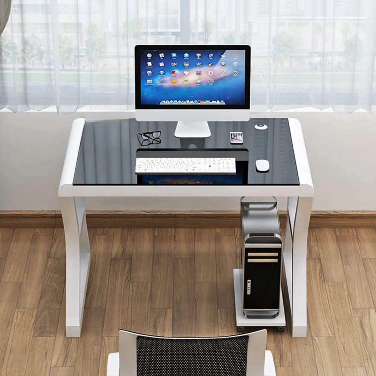 White-Black Glass-Top Sledge Computer Desk — White-White / Without Chairs