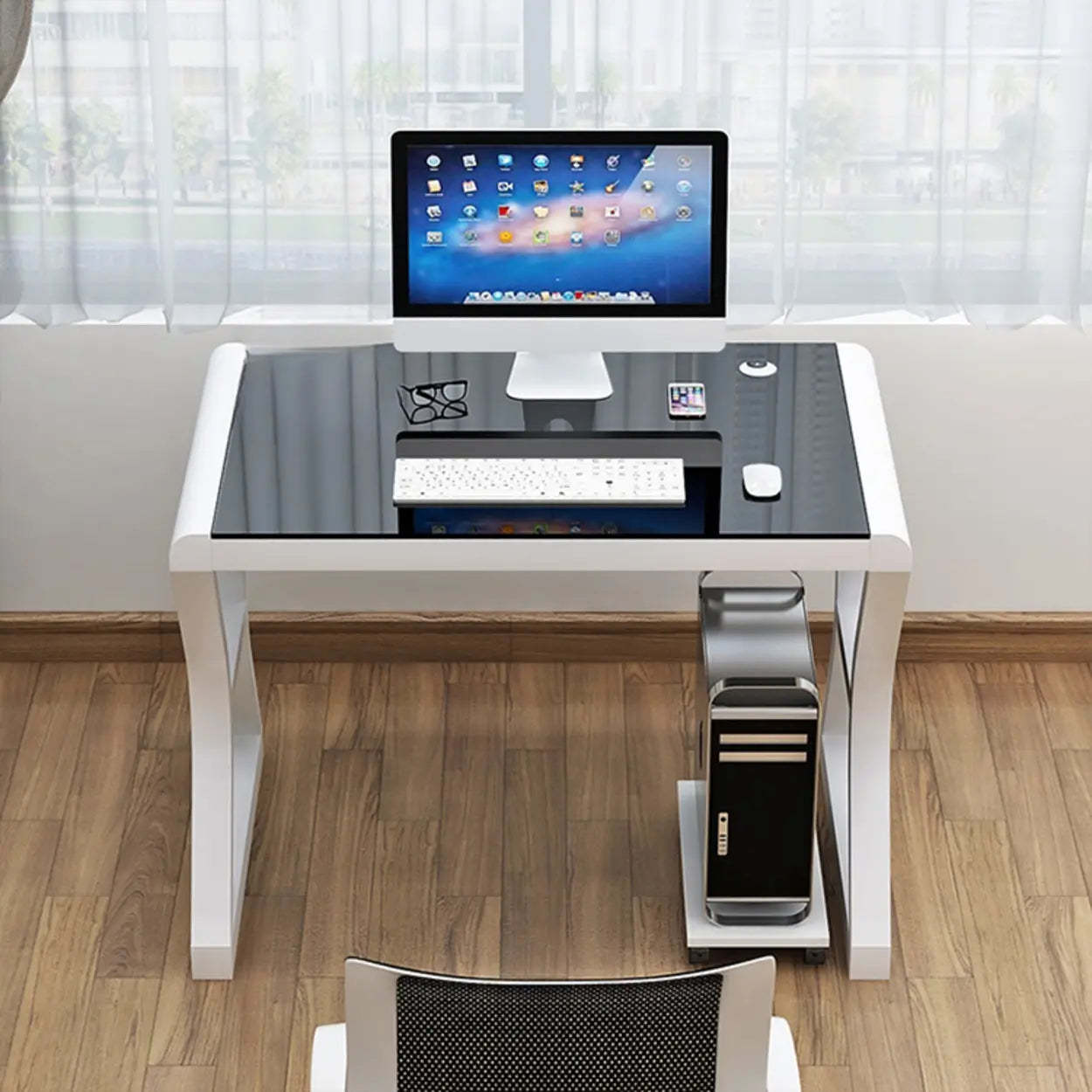 White-Black Glass-Top Sledge Computer Desk — White-White / Without Chairs