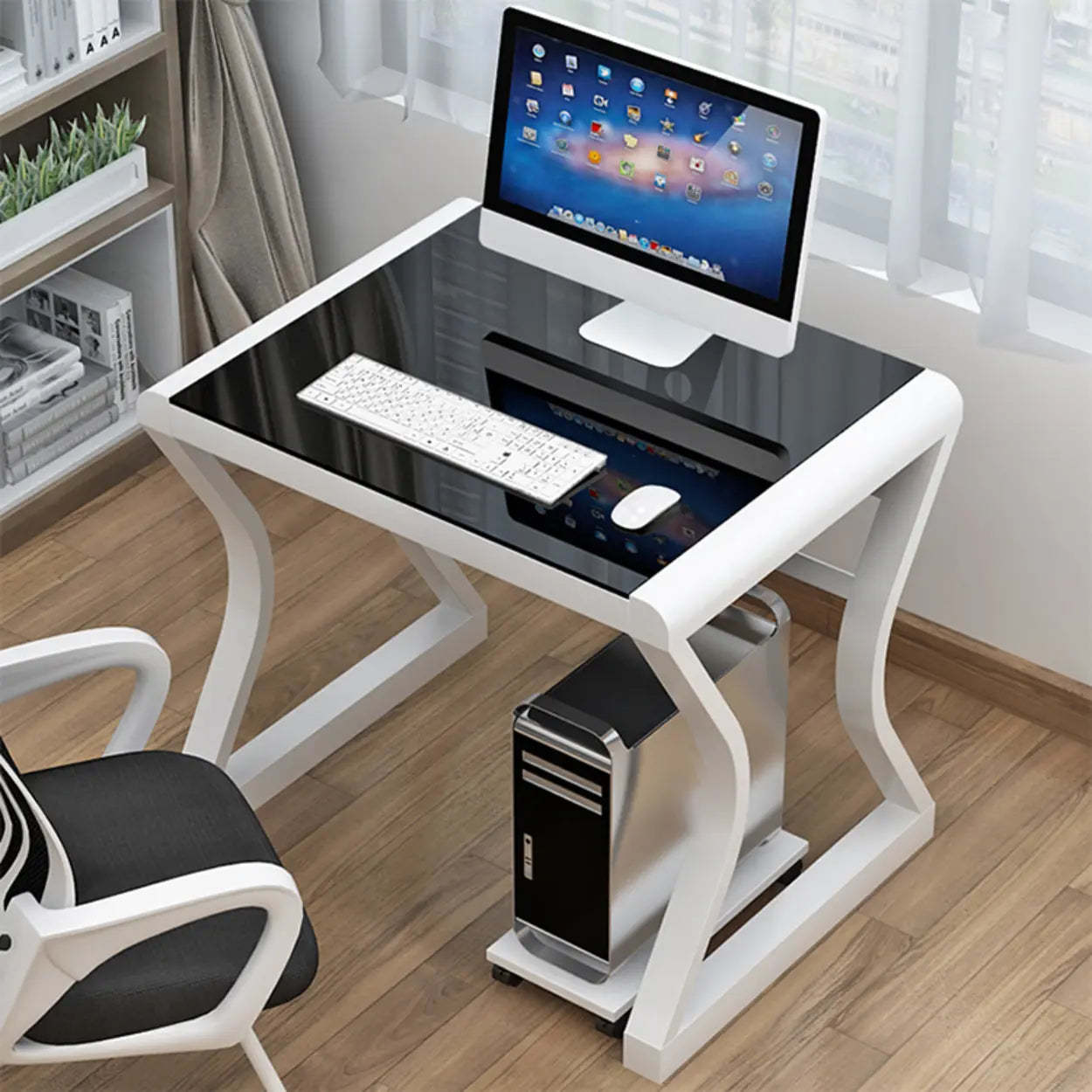 White-Black Glass-Top Sledge Computer Desk — Black-Black / Without Chairs