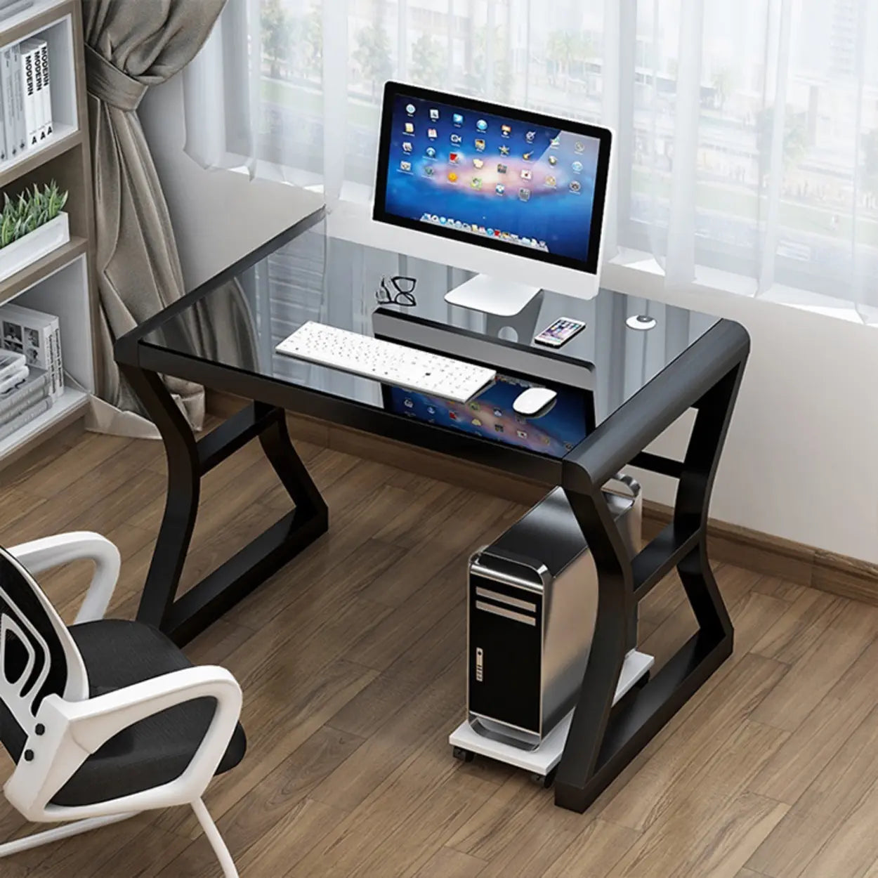 White-Black Glass-Top Sledge Computer Desk