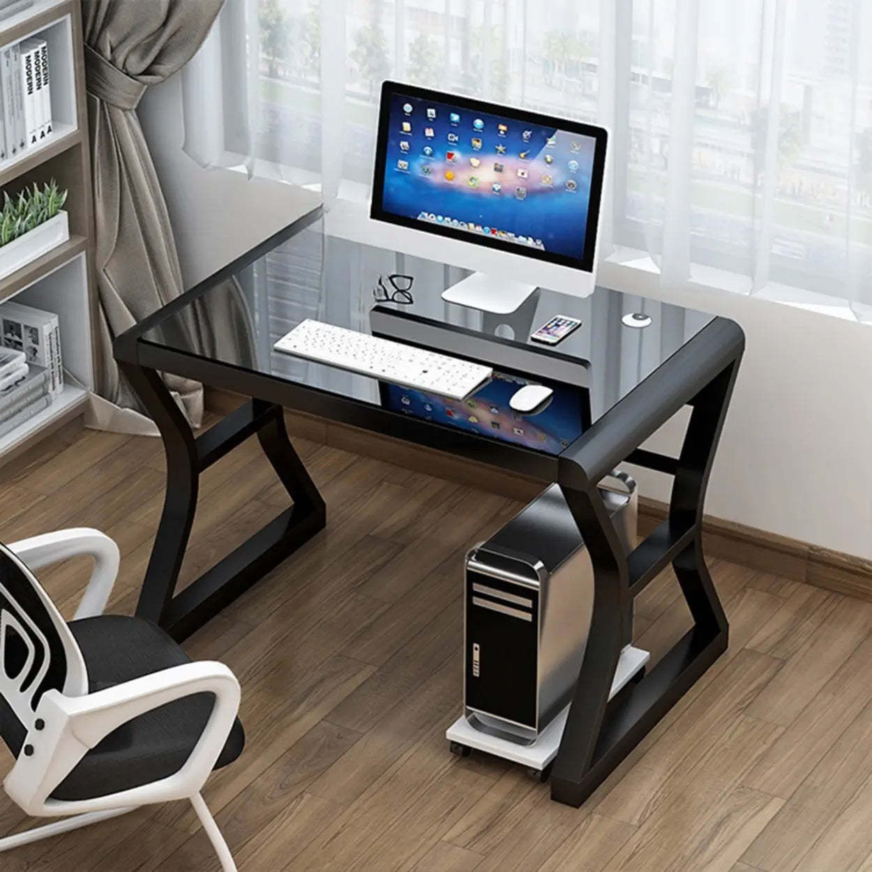 White-Black Glass-Top Sledge Computer Desk