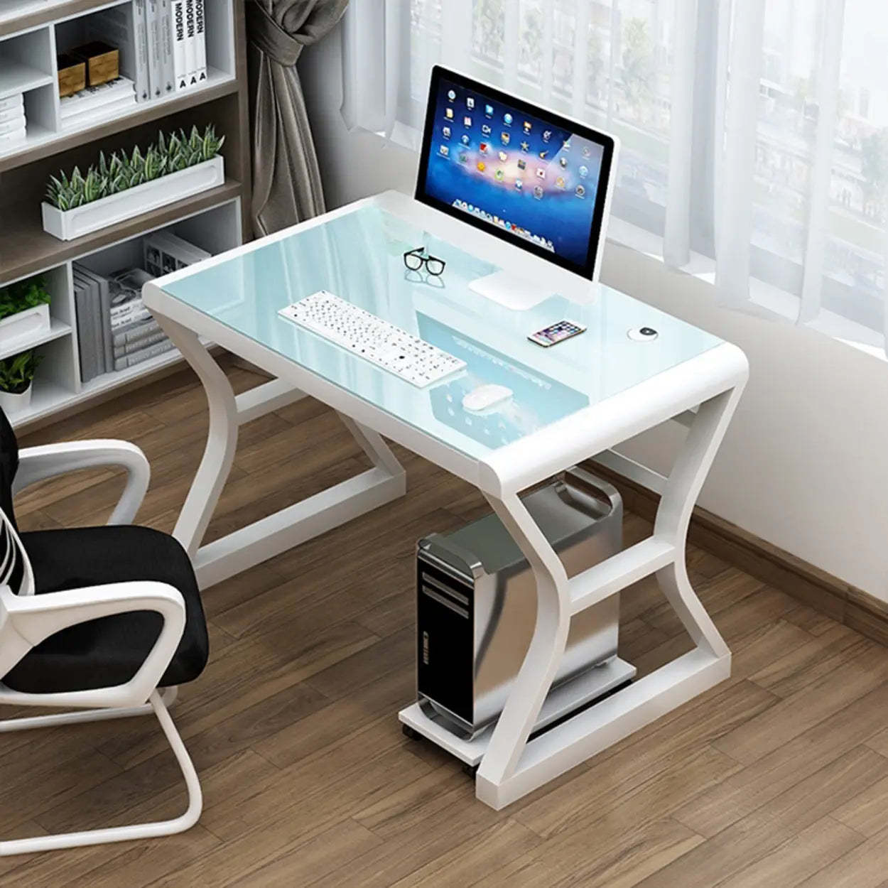 White-Black Glass-Top Sledge Computer Desk
