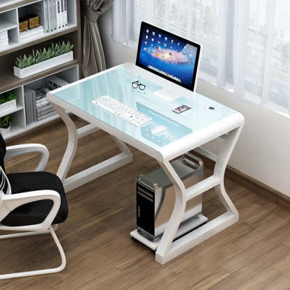 White-Black Glass-Top Sledge Computer Desk