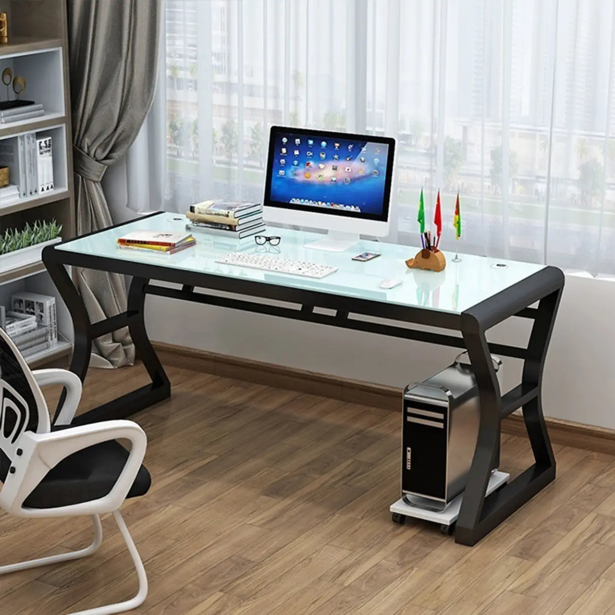 White-Black Glass-Top Sledge Computer Desk
