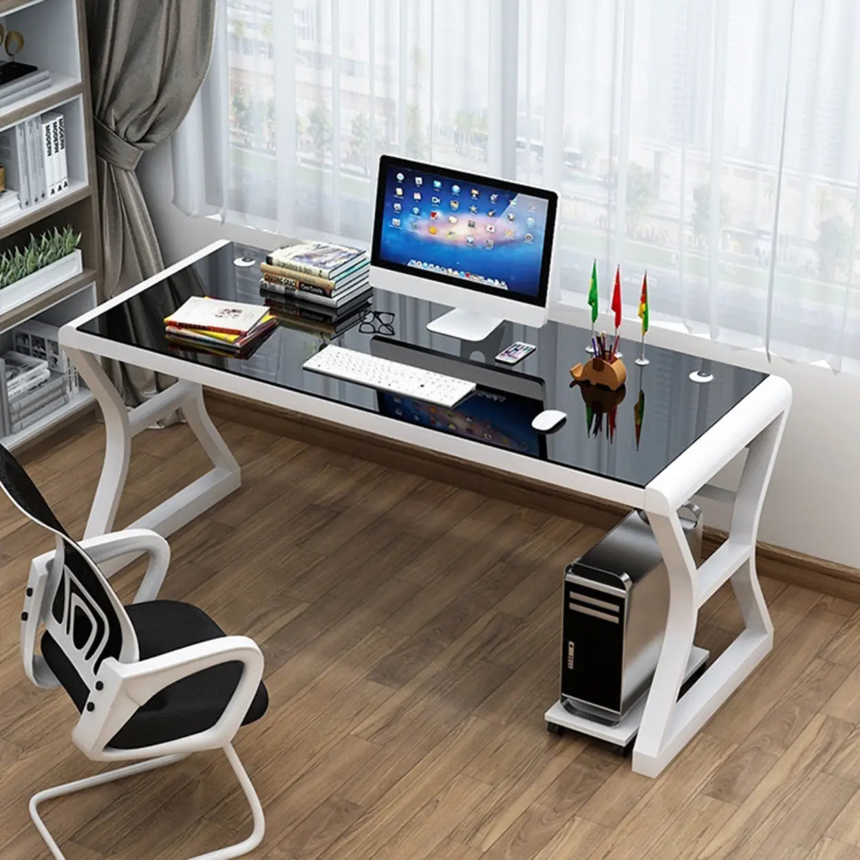 White-Black Glass-Top Sledge Computer Desk