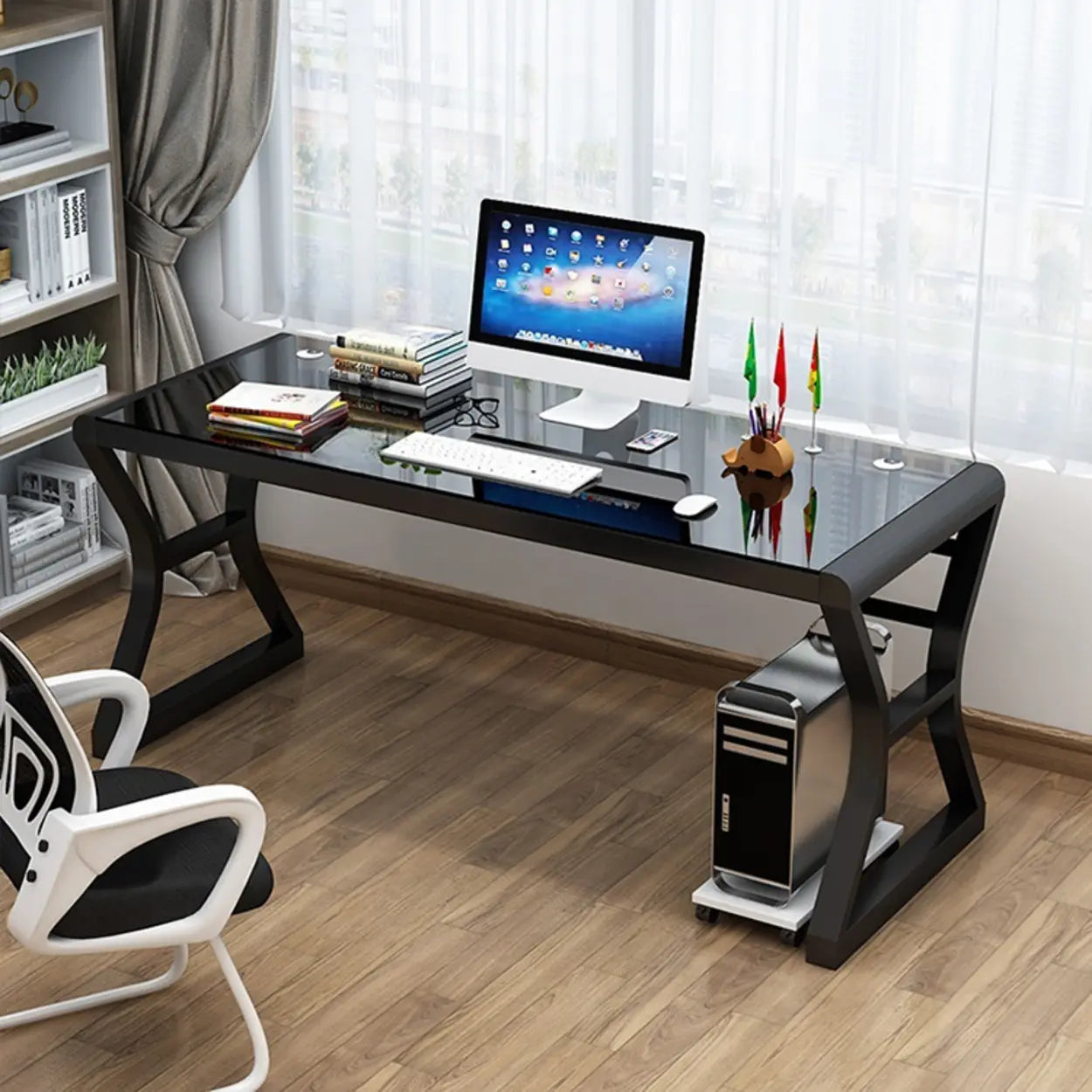 White-Black Glass-Top Sledge Computer Desk