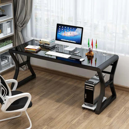 White-Black Glass-Top Sledge Computer Desk