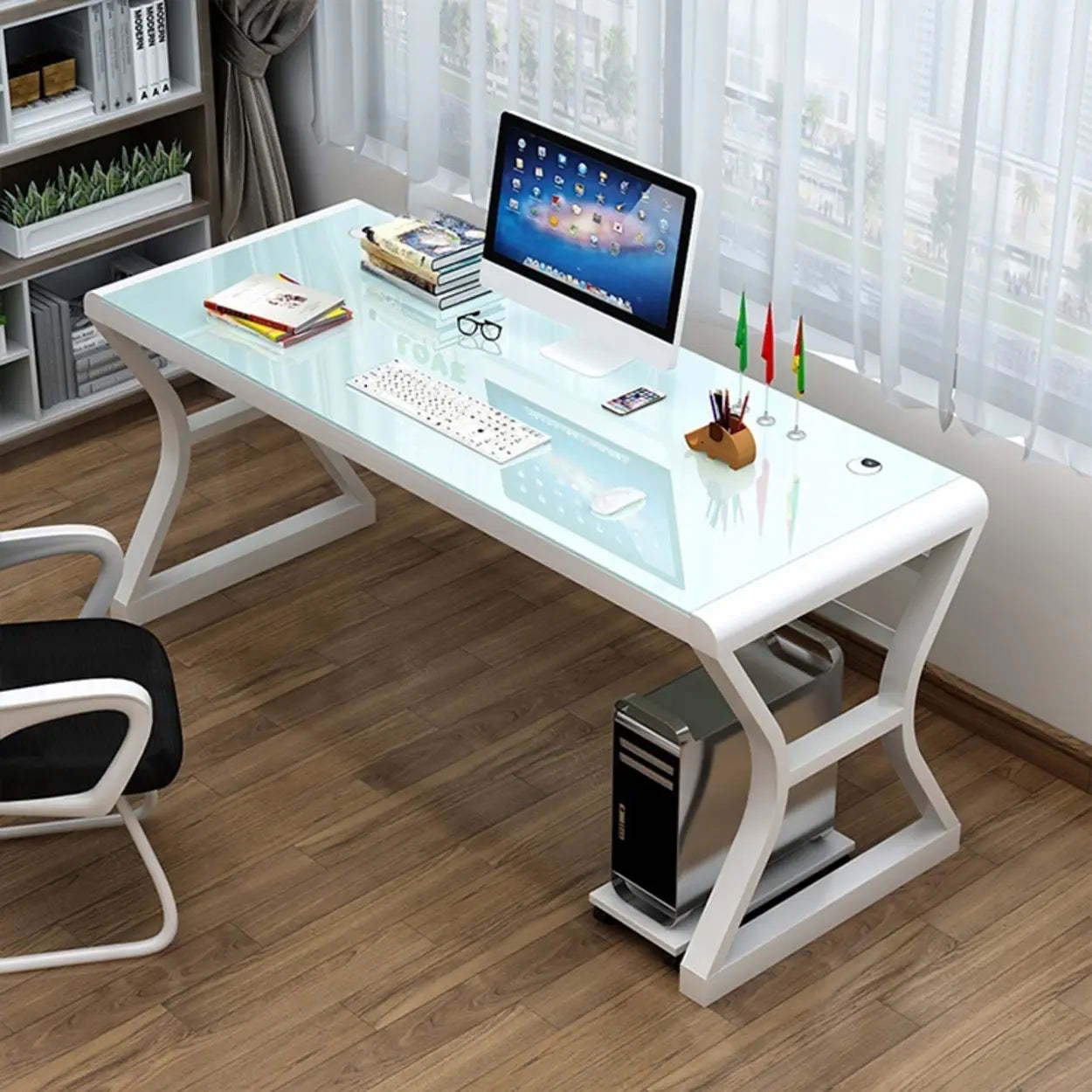 White-Black Glass-Top Sledge Computer Desk