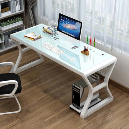 White-Black Glass-Top Sledge Computer Desk