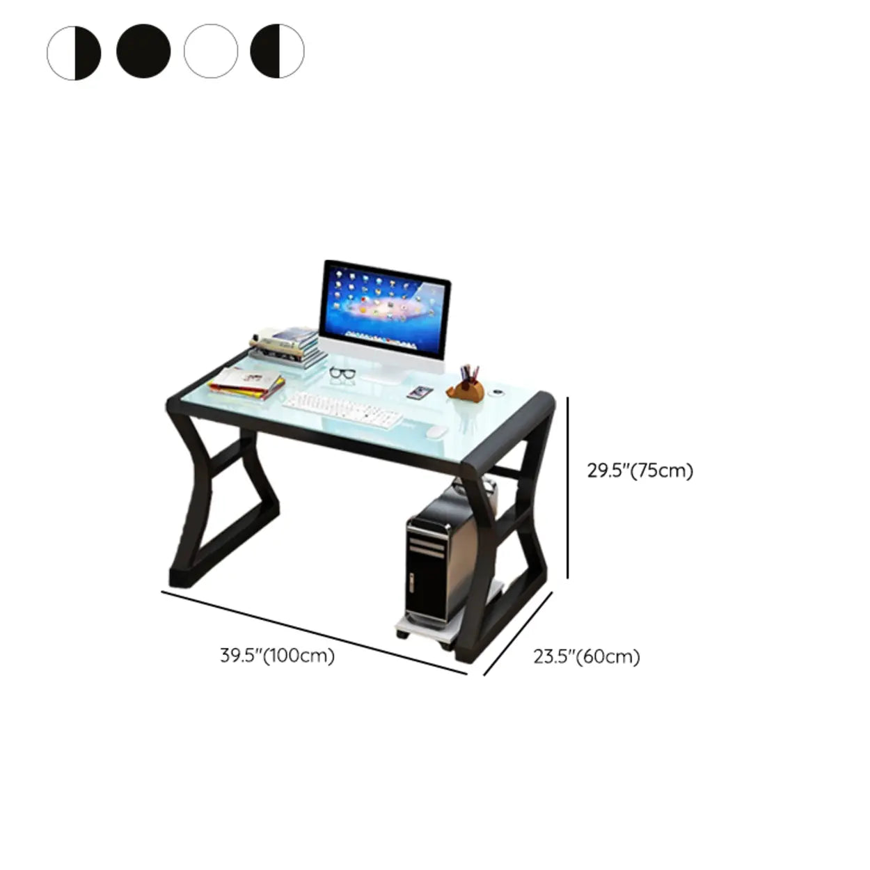White-Black Glass-Top Sledge Computer Desk
