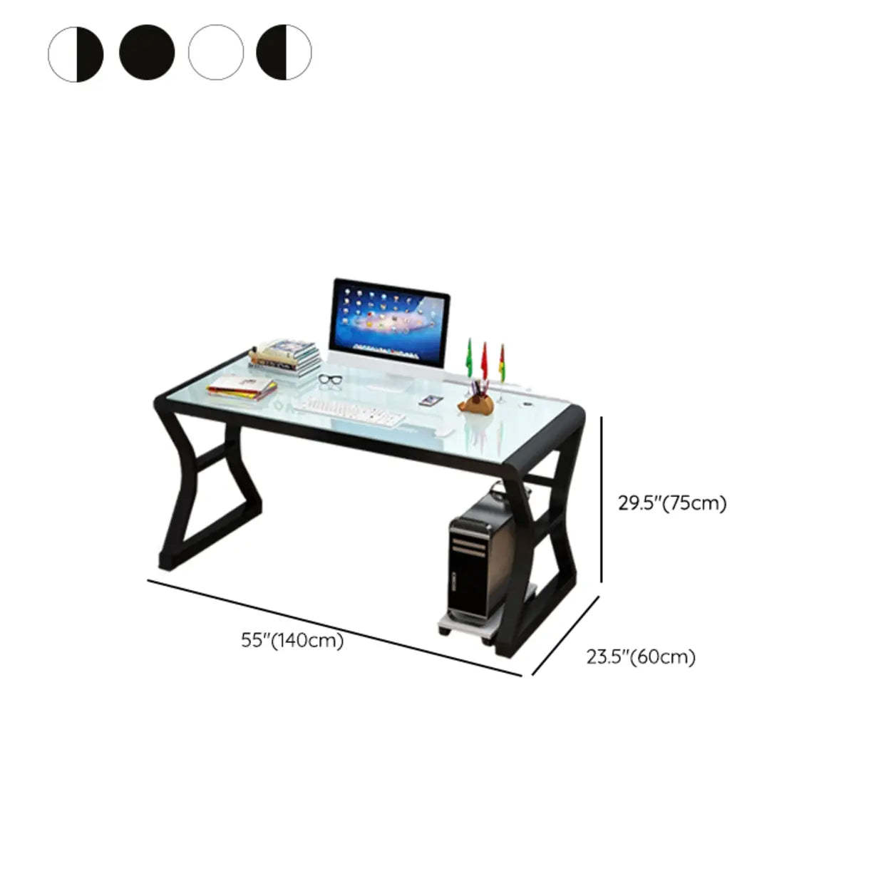 White-Black Glass-Top Sledge Computer Desk