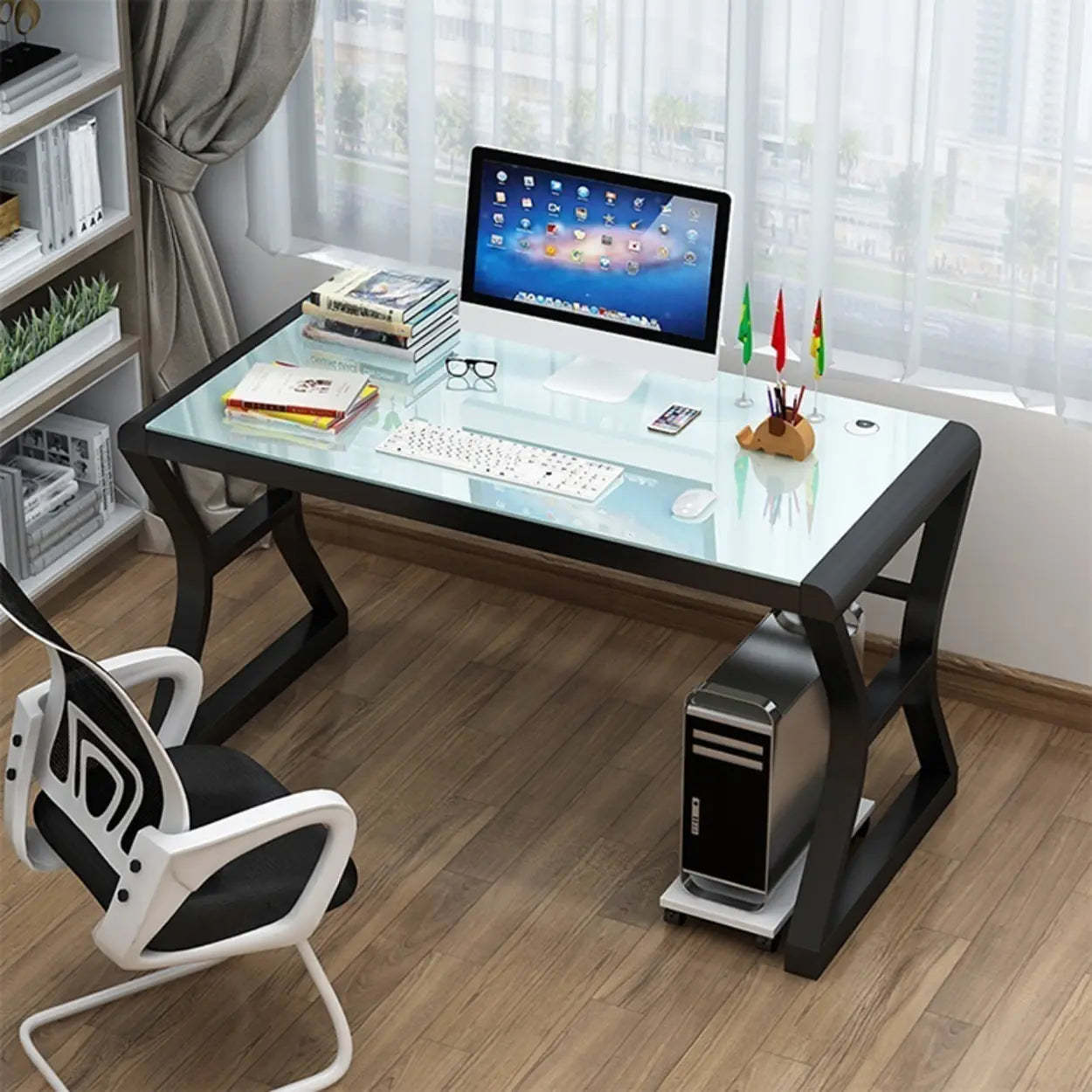 White-Black Glass-Top Sledge Computer Desk — Black-Black / Without Chairs