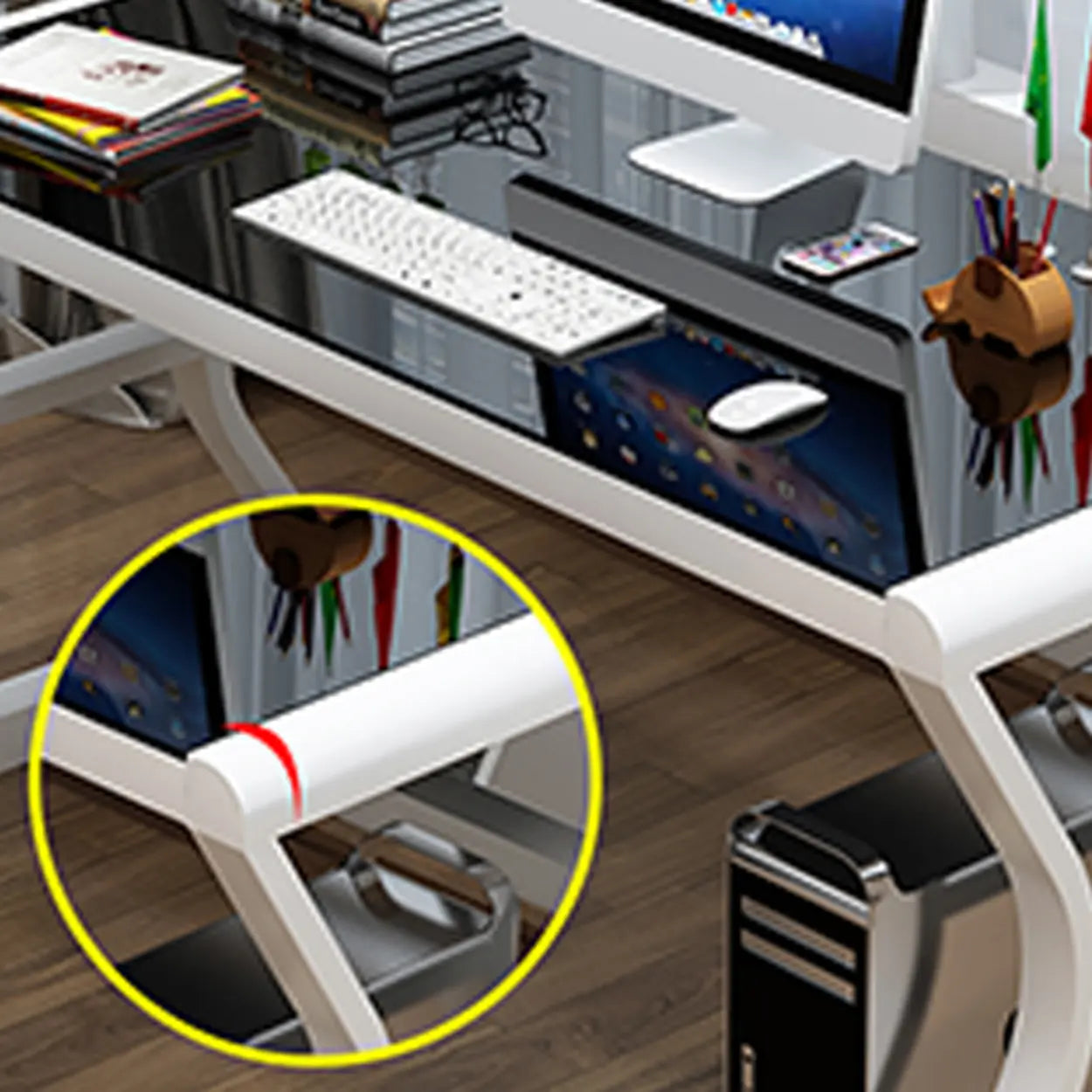 White-Black Glass-Top Sledge Computer Desk — Black-Black / Without Chairs