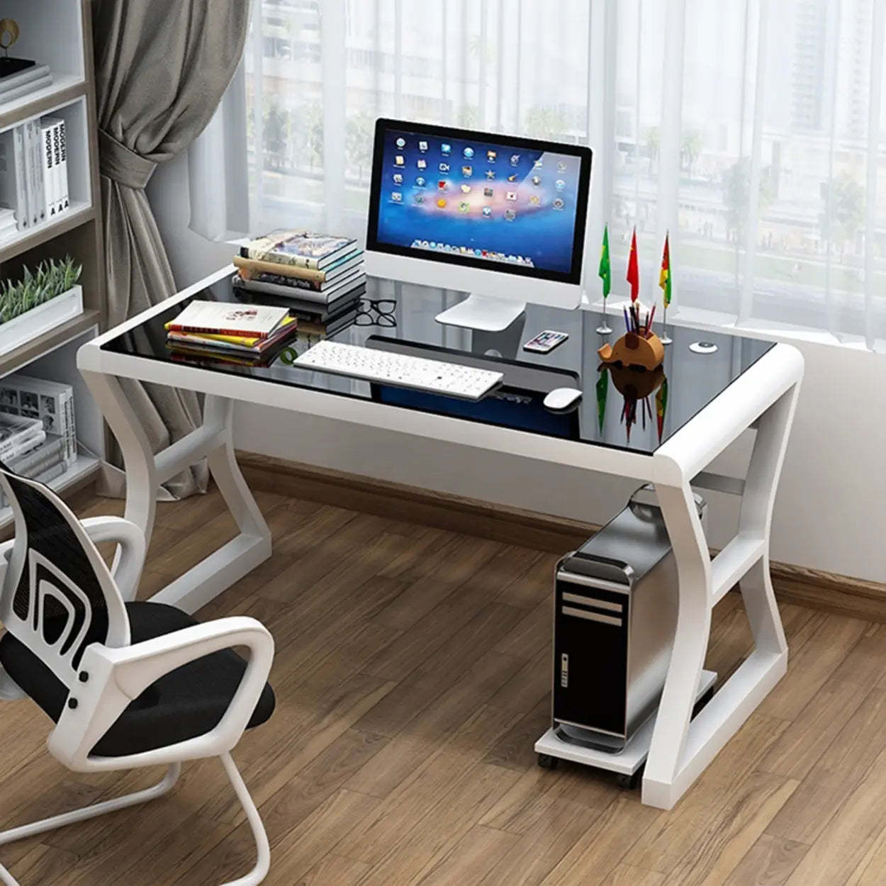 White-Black Glass-Top Sledge Computer Desk — Black-Black / Without Chairs