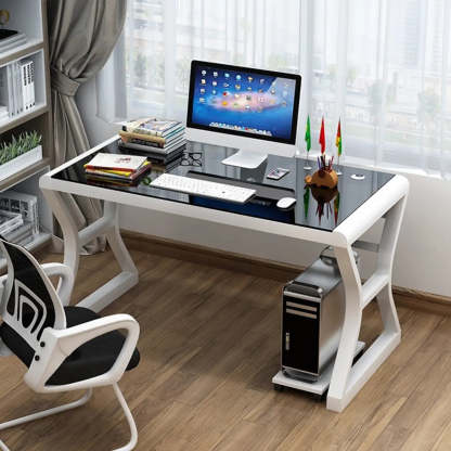 White-Black Glass-Top Sledge Computer Desk — Black-Black / Without Chairs