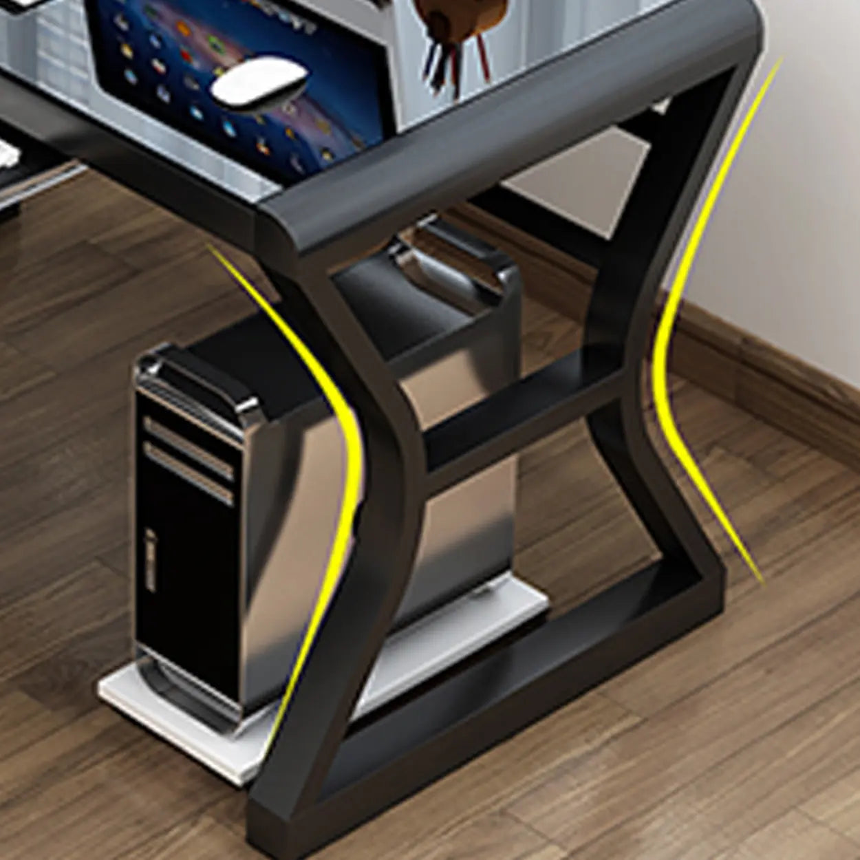 White-Black Glass-Top Sledge Computer Desk — Black-Black / Without Chairs
