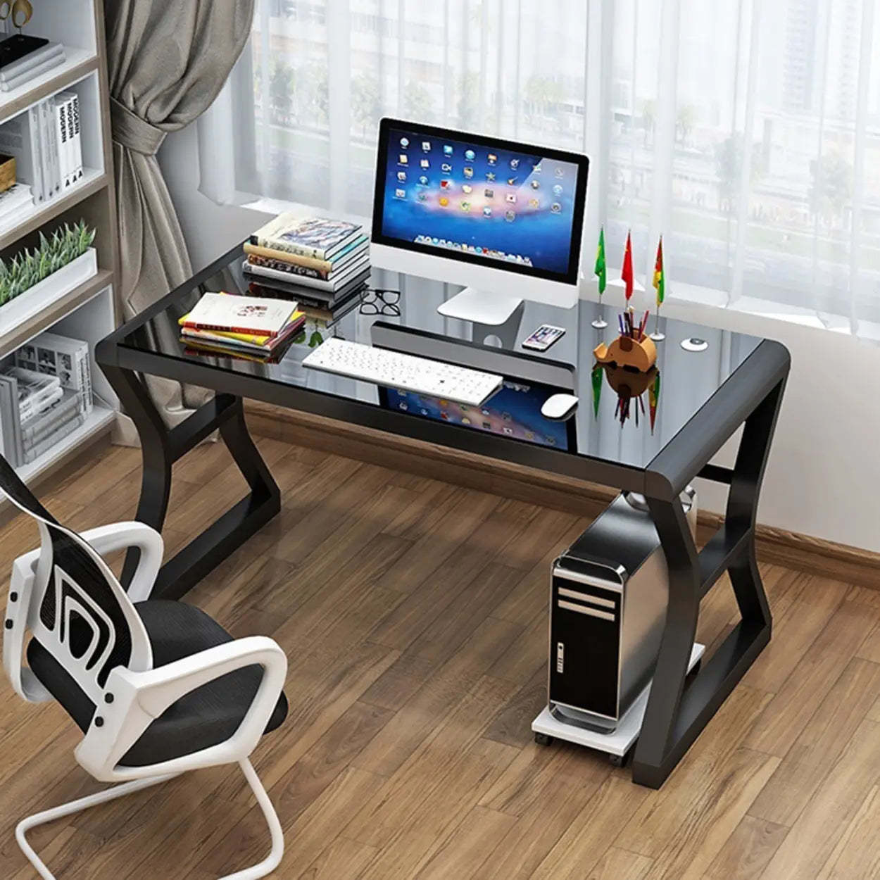 White-Black Glass-Top Sledge Computer Desk — Black-White / Without Chairs