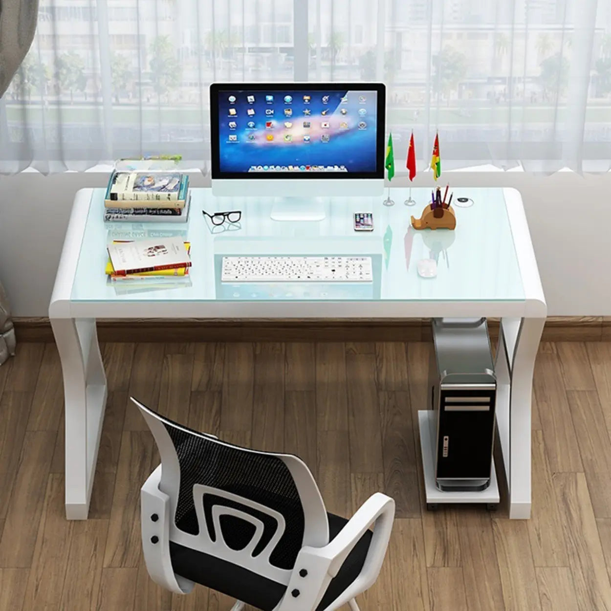 White-Black Glass-Top Sledge Computer Desk — Black-White / Without Chairs