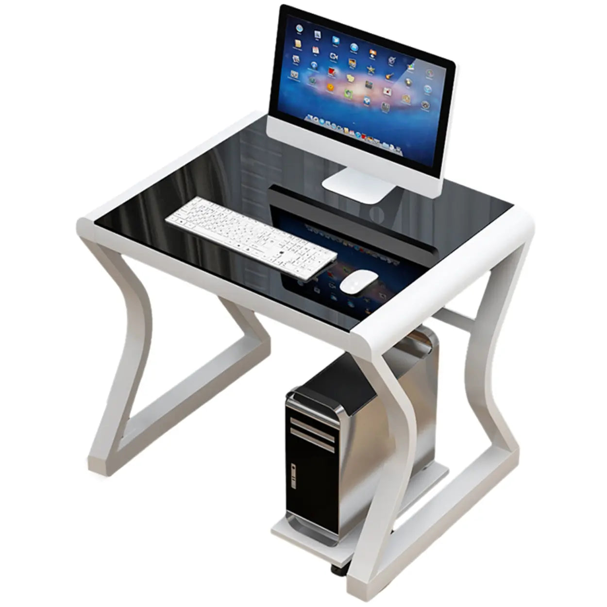 White-Black Glass-Top Sledge Computer Desk — Black-White / Without Chairs