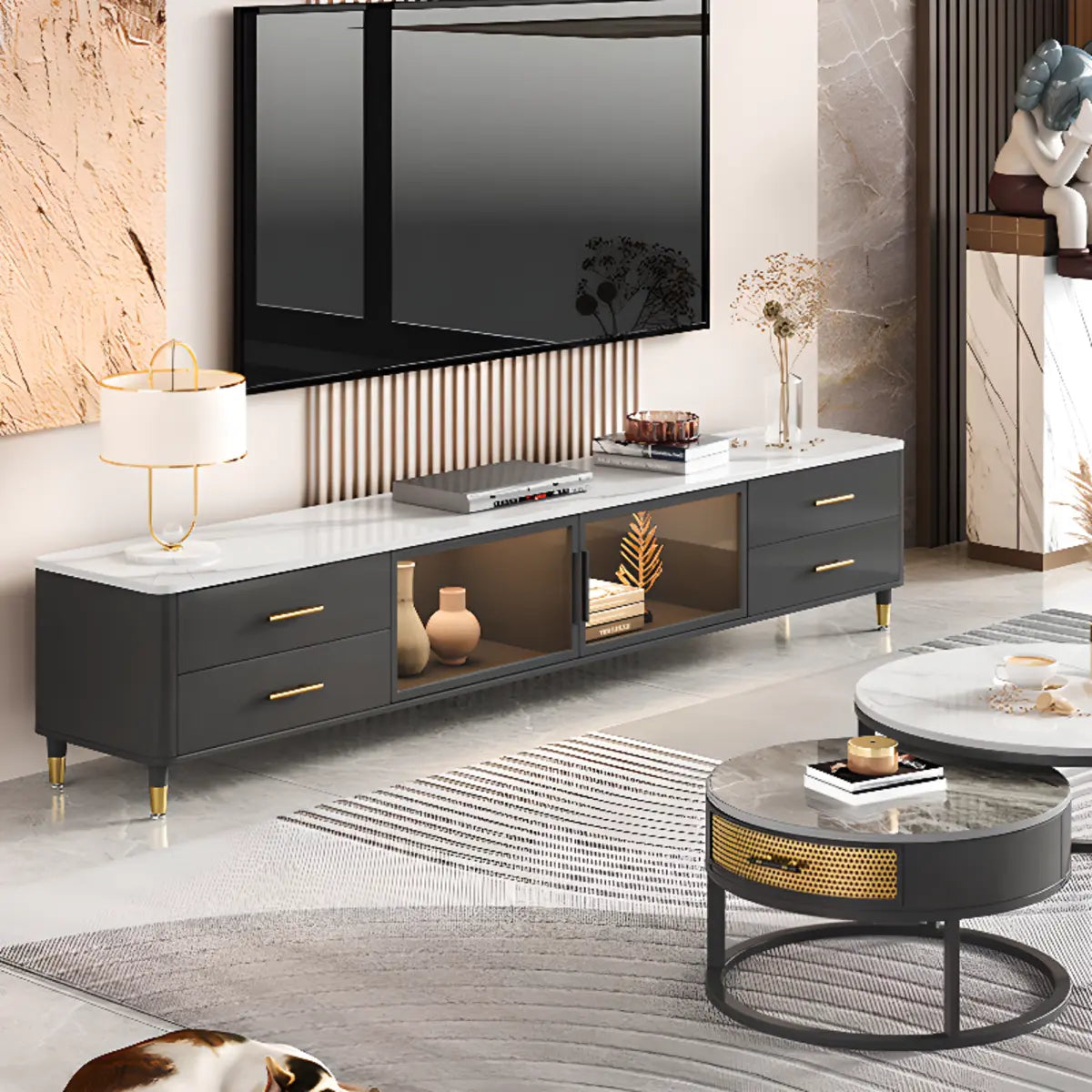 Stone-Top TV Stand with LED Lighting — Dark Gray/ Black