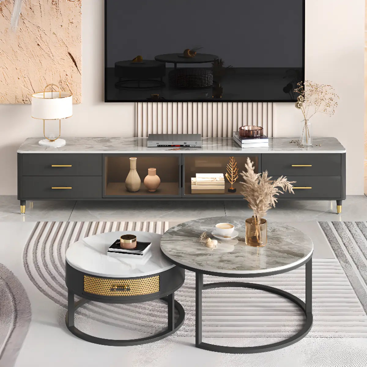 Stone-Top TV Stand with LED Lighting — Dark Gray/ Black