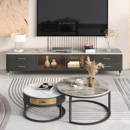 Stone-Top TV Stand with LED Lighting — Dark Gray/ Black