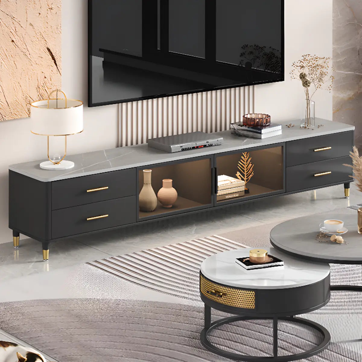 Stone-Top TV Stand with LED Lighting — Dark Gray/ Black