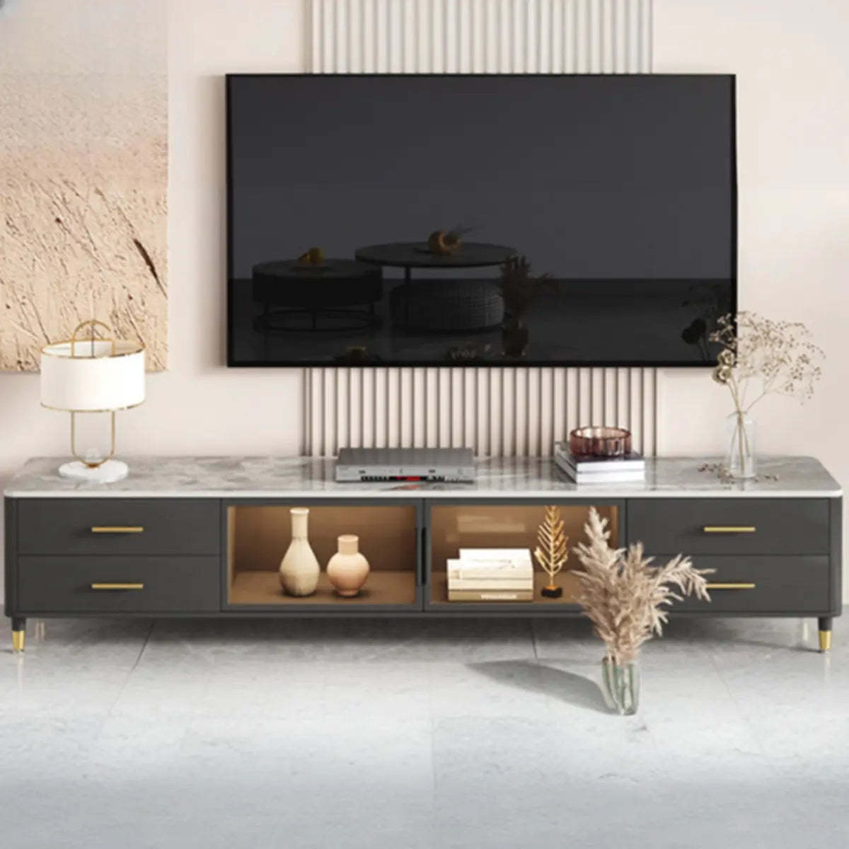 Stone-Top TV Stand with LED Lighting — Light Gray-Black