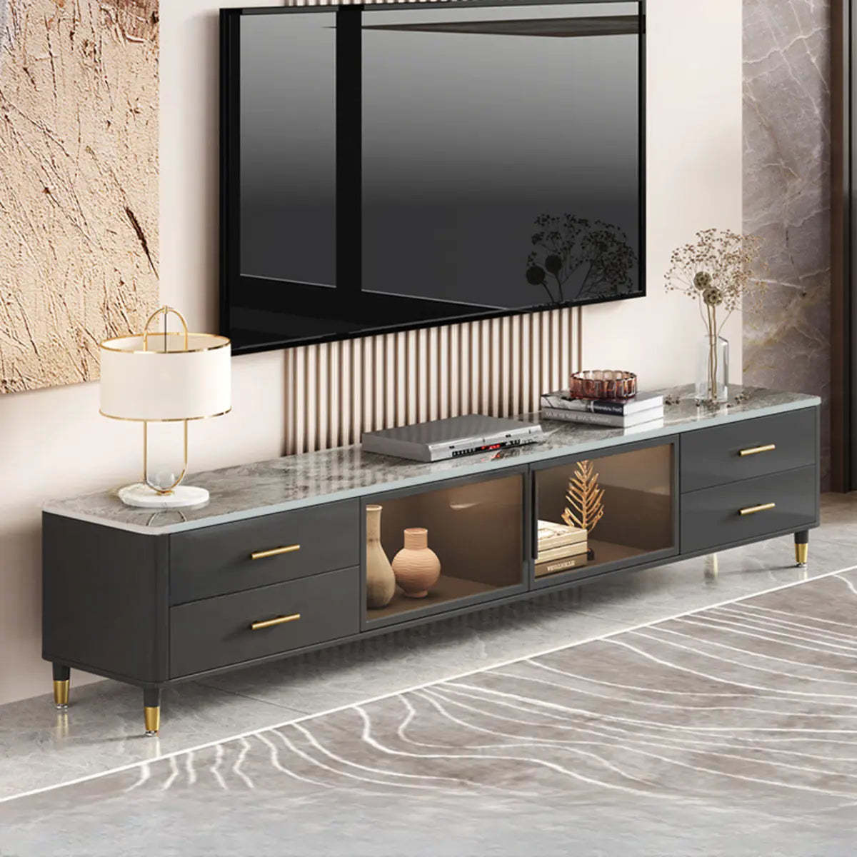 Stone-Top TV Stand with LED Lighting — Light Gray-Black