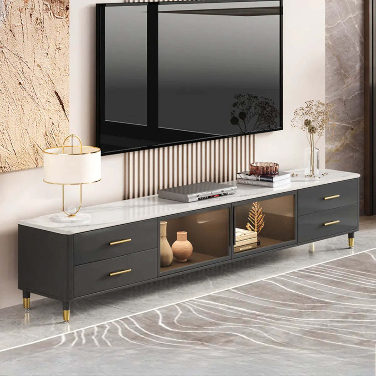 Lighom modern stone-top stand gray tv stands — 63"L x 16"W x 18"H / White & Black