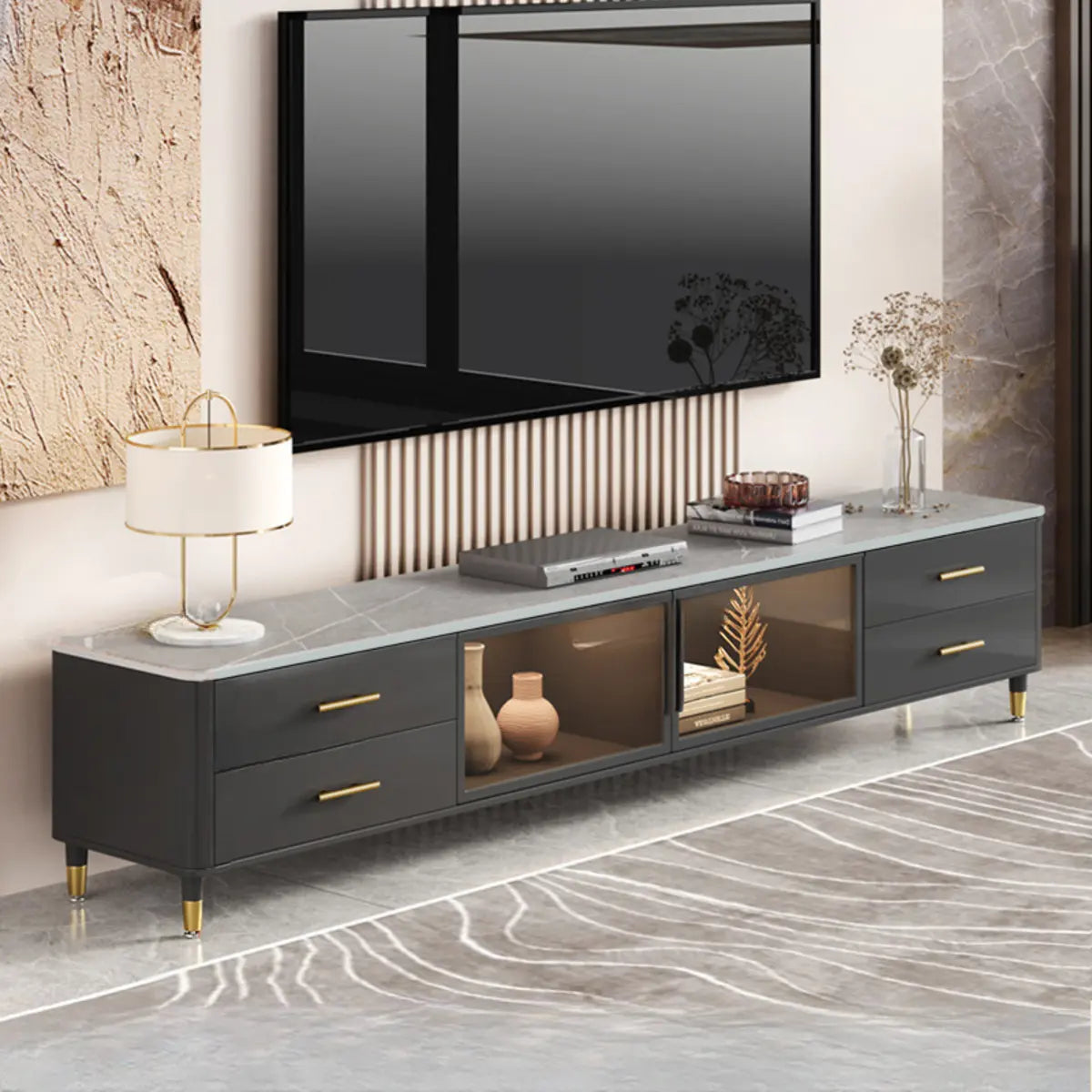 Stone-Top TV Stand with LED Lighting — White-Black
