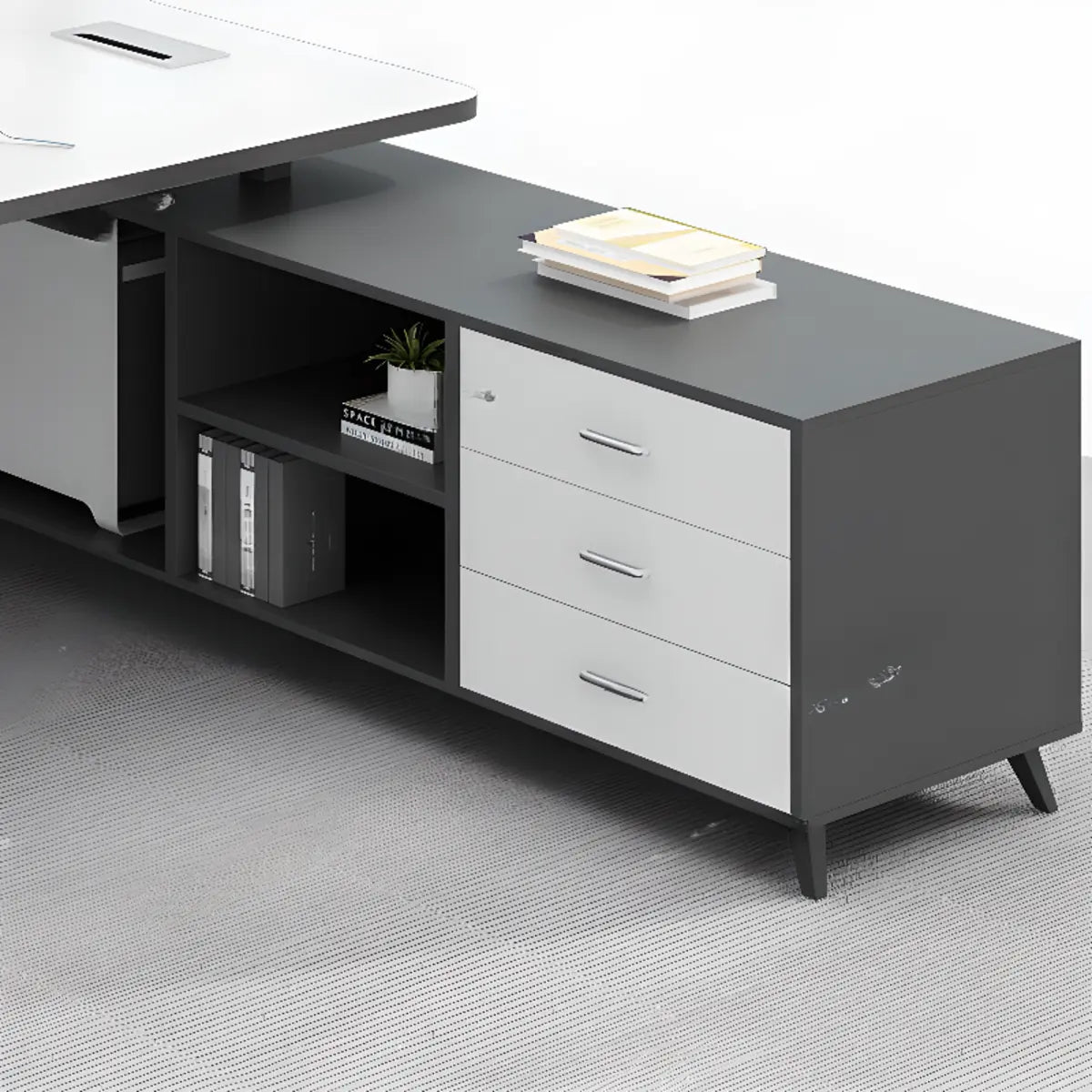 White-Black Wood L-Shape Computer Desk — Brown / Without Chairs